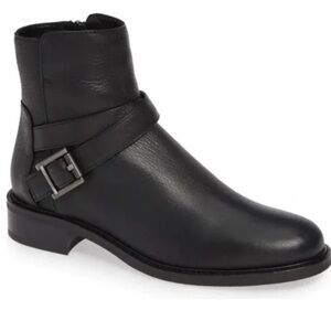 Aquatalia Bree Black Leather Water Resistant Moto Buckle Ankle Strap Bootie